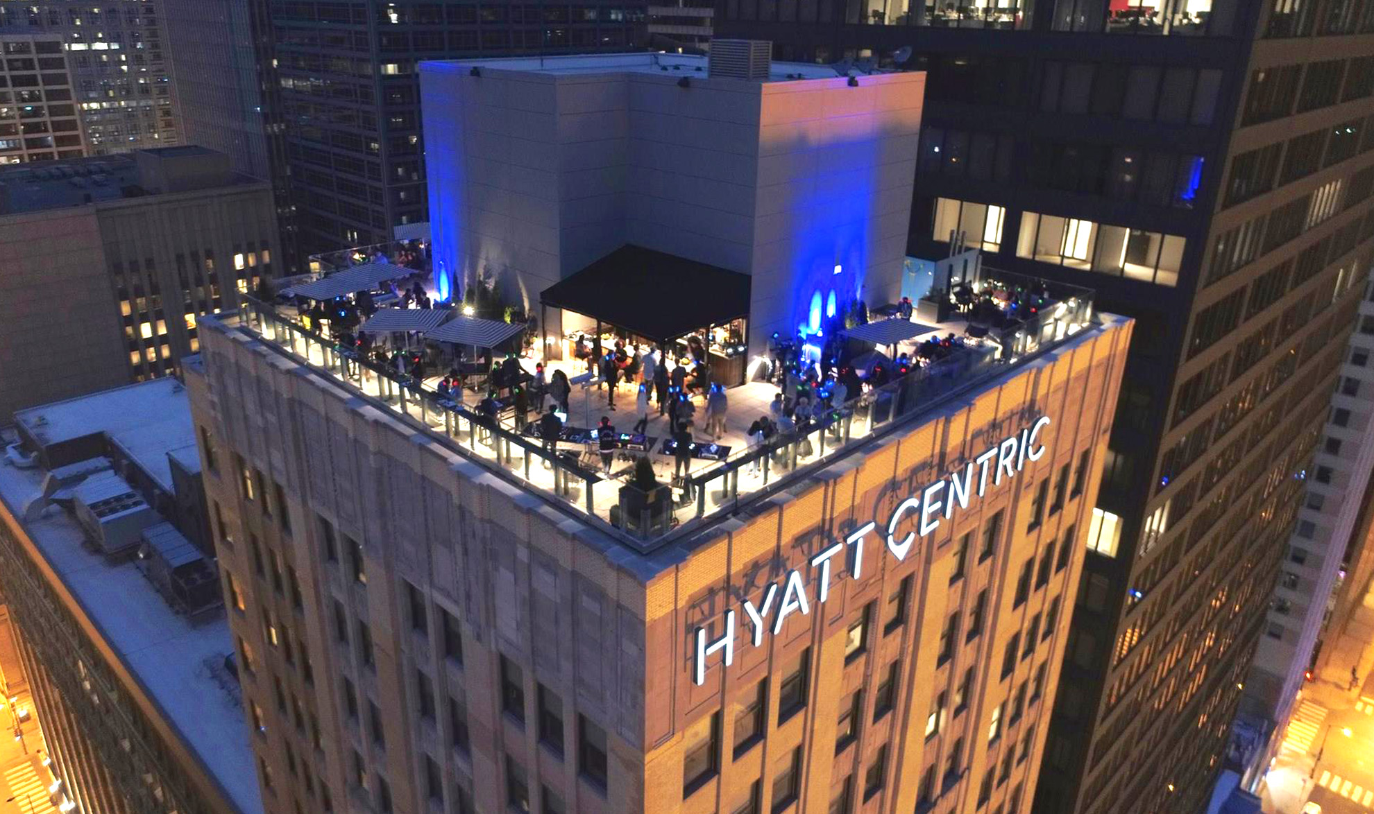 Upper view of Hyatt Centric Building at night