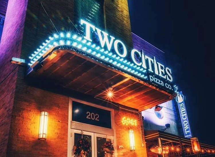 Two Cities Pizza Co. exterior signage and lighting